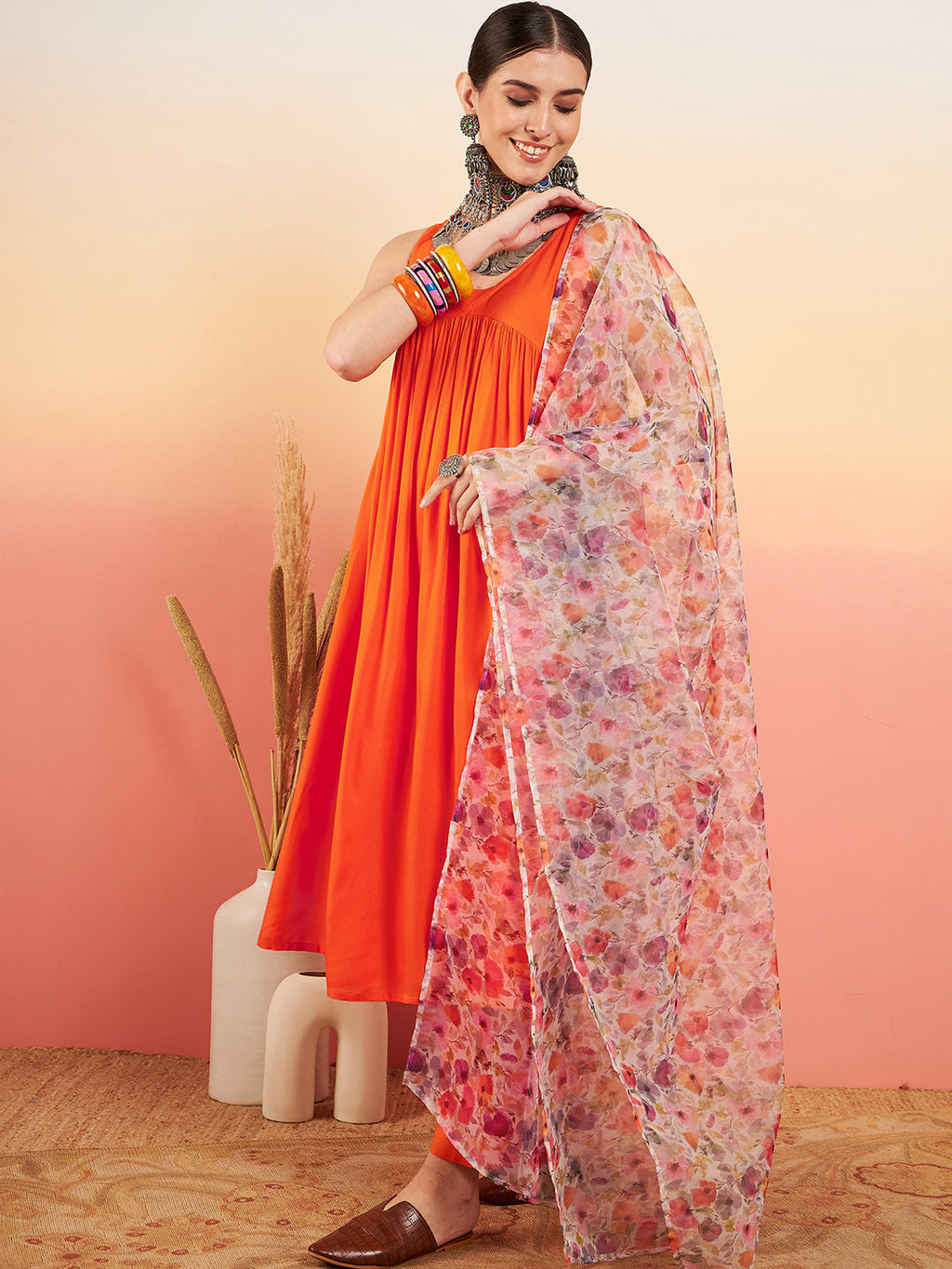 InWeave Women's Orange Sleeveless Flared Kurta Set Offwhite Multi Floral Or Dupata