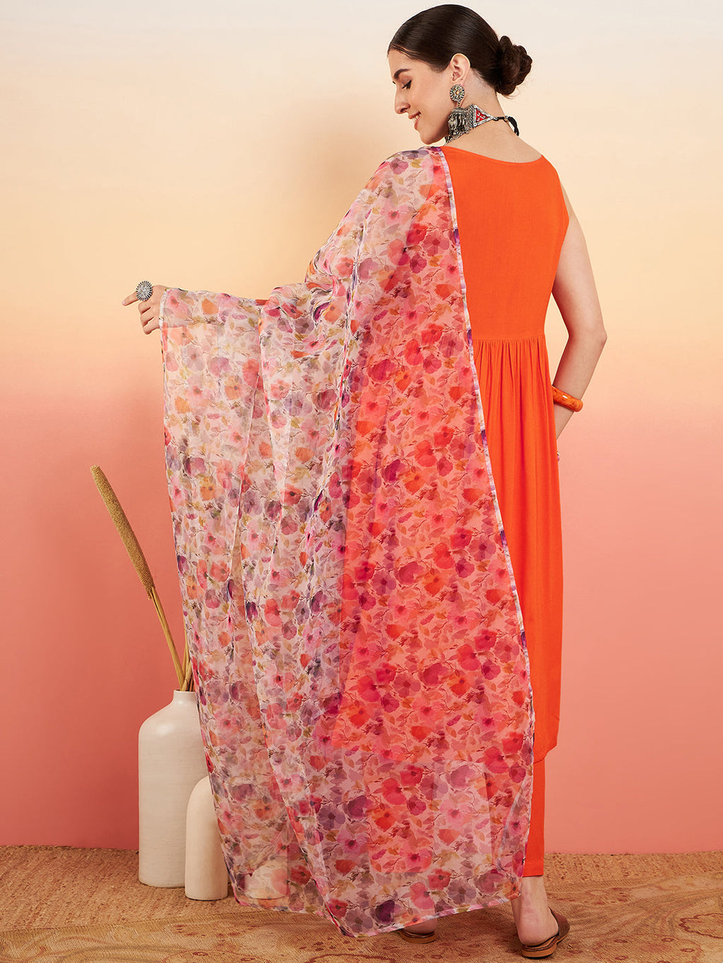 InWeave Women's Orange Sleeveless Flared Kurta Set Offwhite Multi Floral Or Dupata