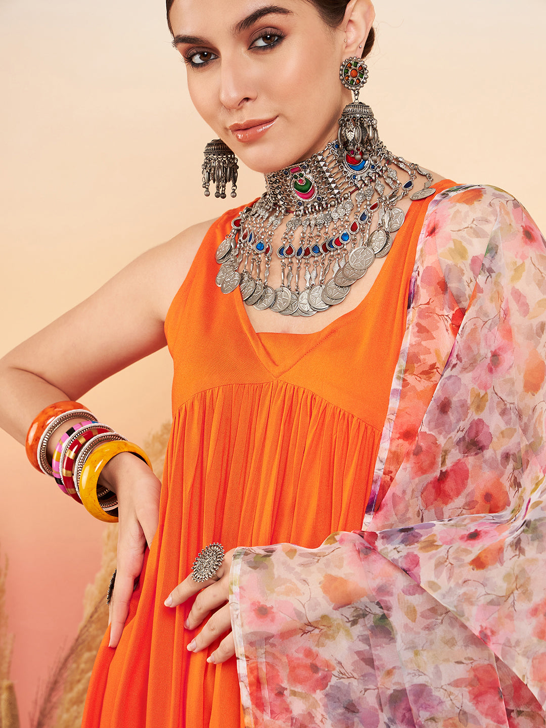 InWeave Women's Orange Sleeveless Flared Kurta Set Offwhite Multi Floral Or Dupata