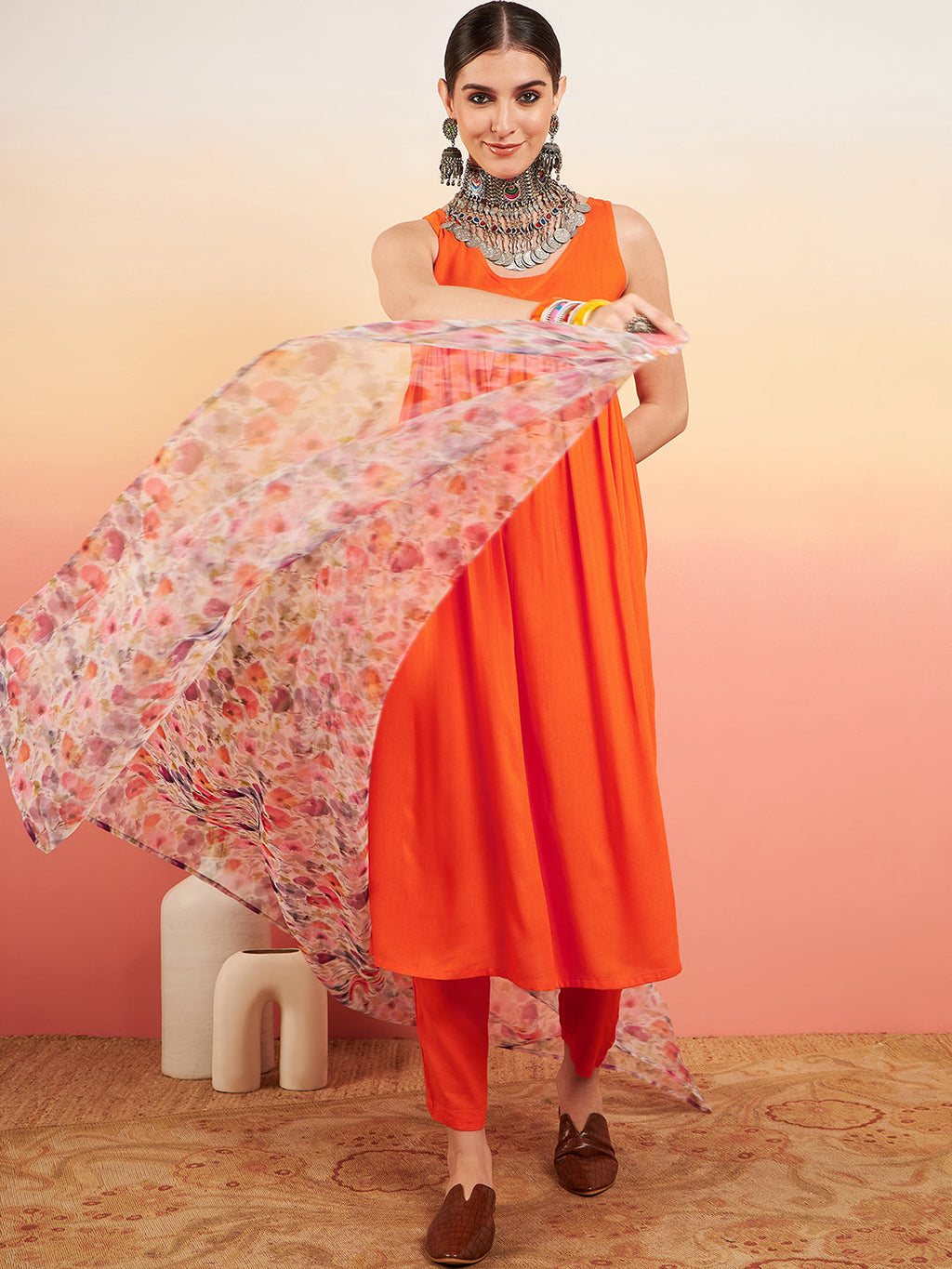 InWeave Women's Orange Sleeveless Flared Kurta Set Offwhite Multi Floral Or Dupata