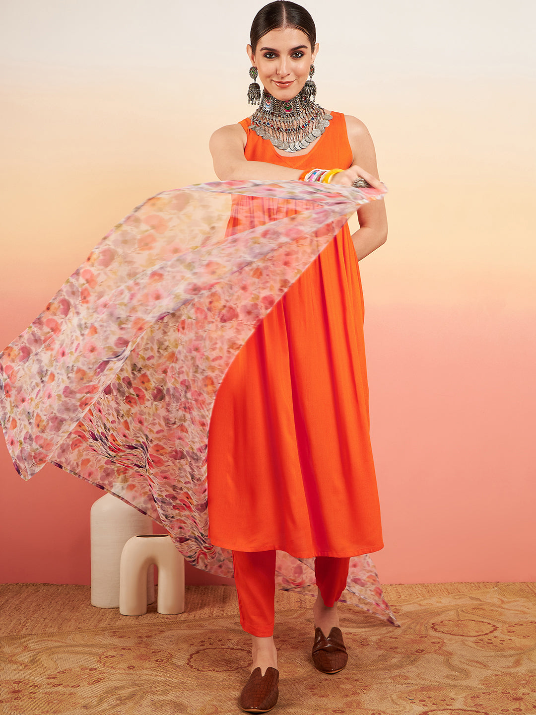 InWeave Women's Orange Sleeveless Flared Kurta Set Offwhite Multi Floral Or Dupata