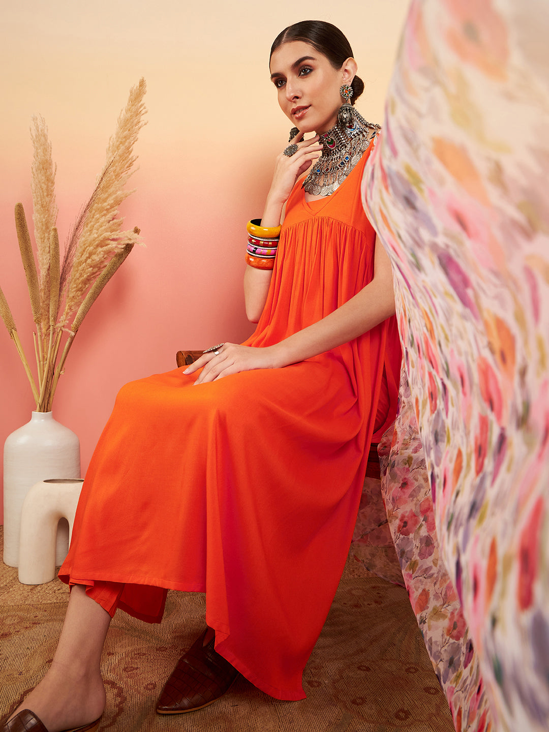 InWeave Women's Orange Sleeveless Flared Kurta Set Offwhite Multi Floral Or Dupata