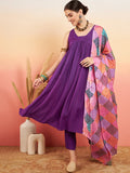 InWeave Women's Violet Sleeveless Flared Kurta Set Squar Badhani Silk Dupatta