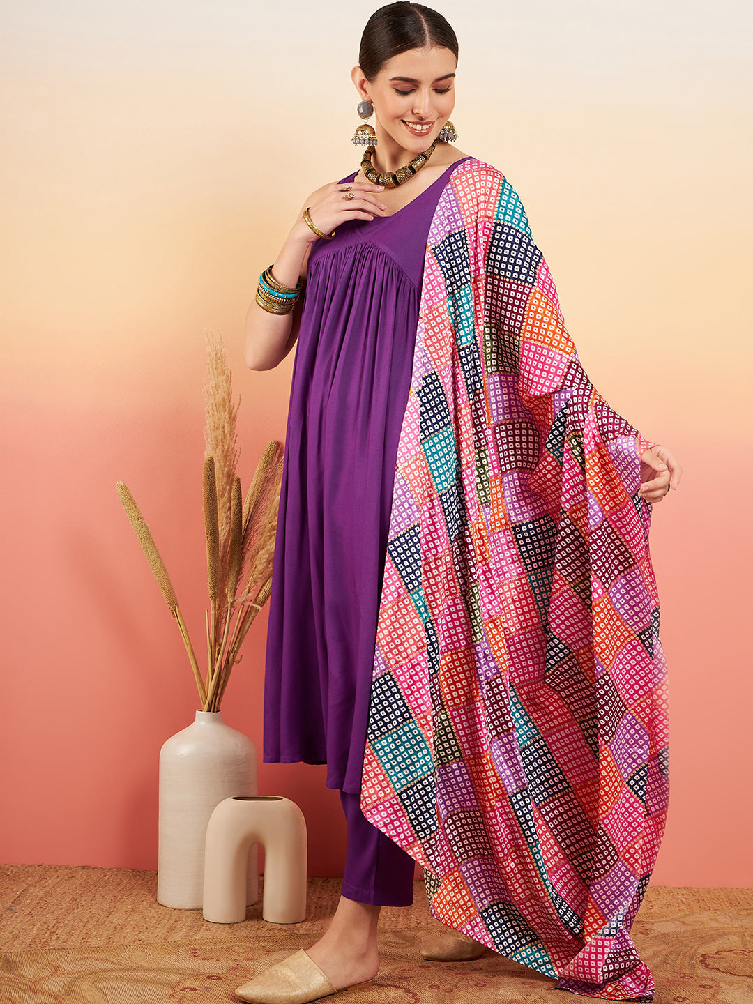 InWeave Women's Violet Sleeveless Flared Kurta Set Squar Badhani Silk Dupatta