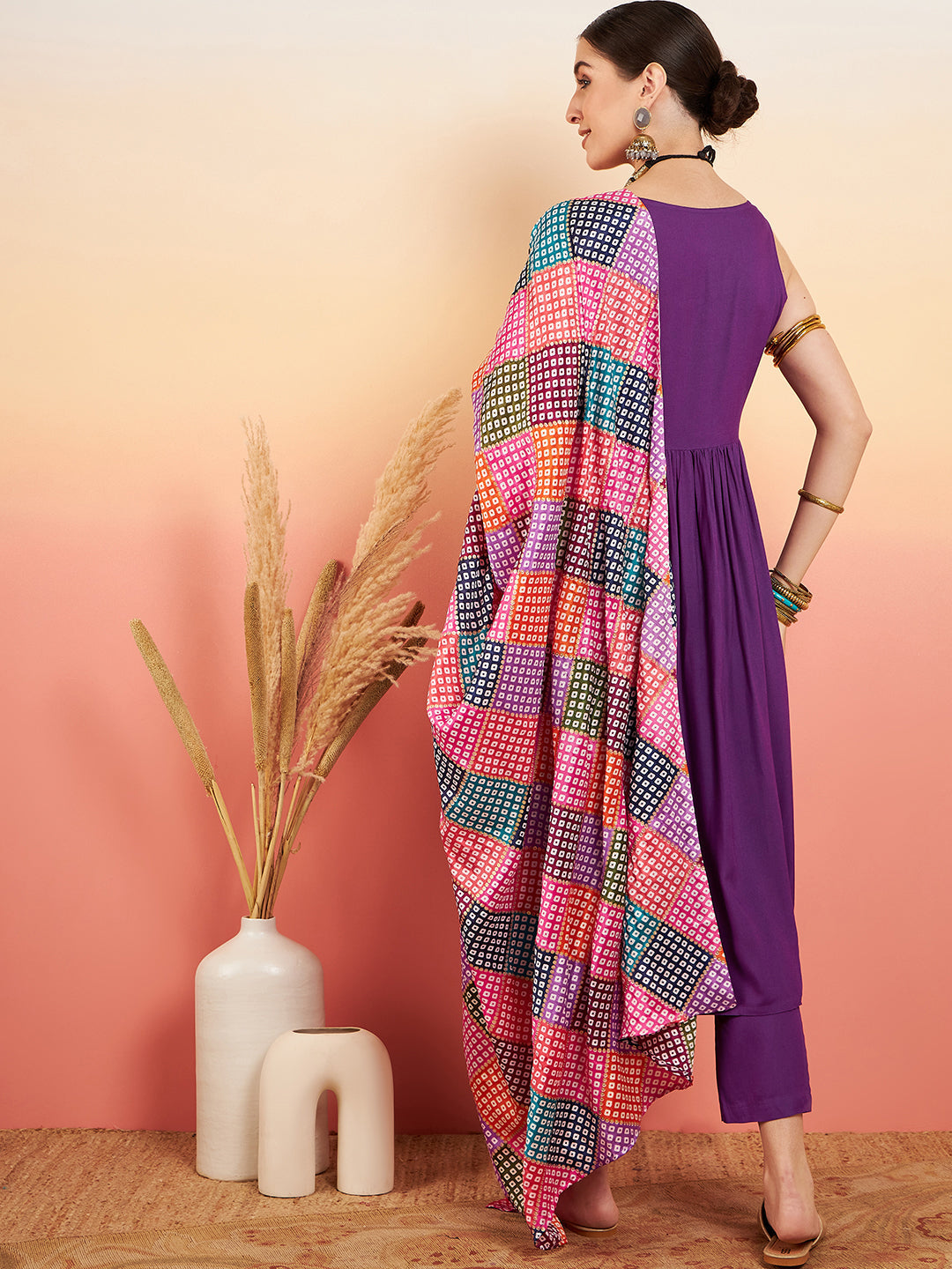 InWeave Women's Violet Sleeveless Flared Kurta Set Squar Badhani Silk Dupatta