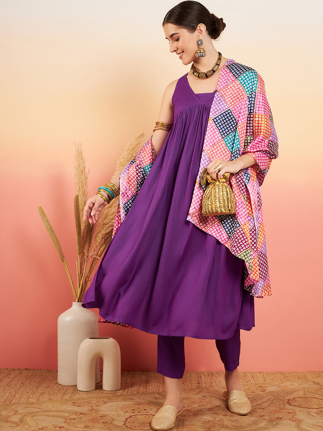 InWeave Women's Violet Sleeveless Flared Kurta Set Squar Badhani Silk Dupatta