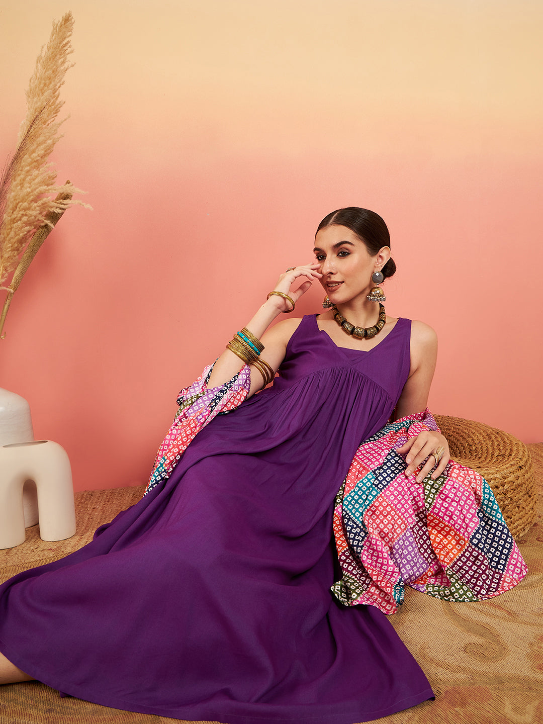 InWeave Women's Violet Sleeveless Flared Kurta Set Squar Badhani Silk Dupatta