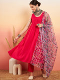 InWeave Women's Magenta Sleeveless Flared Kurta Set Blue Pink Or Dupatta