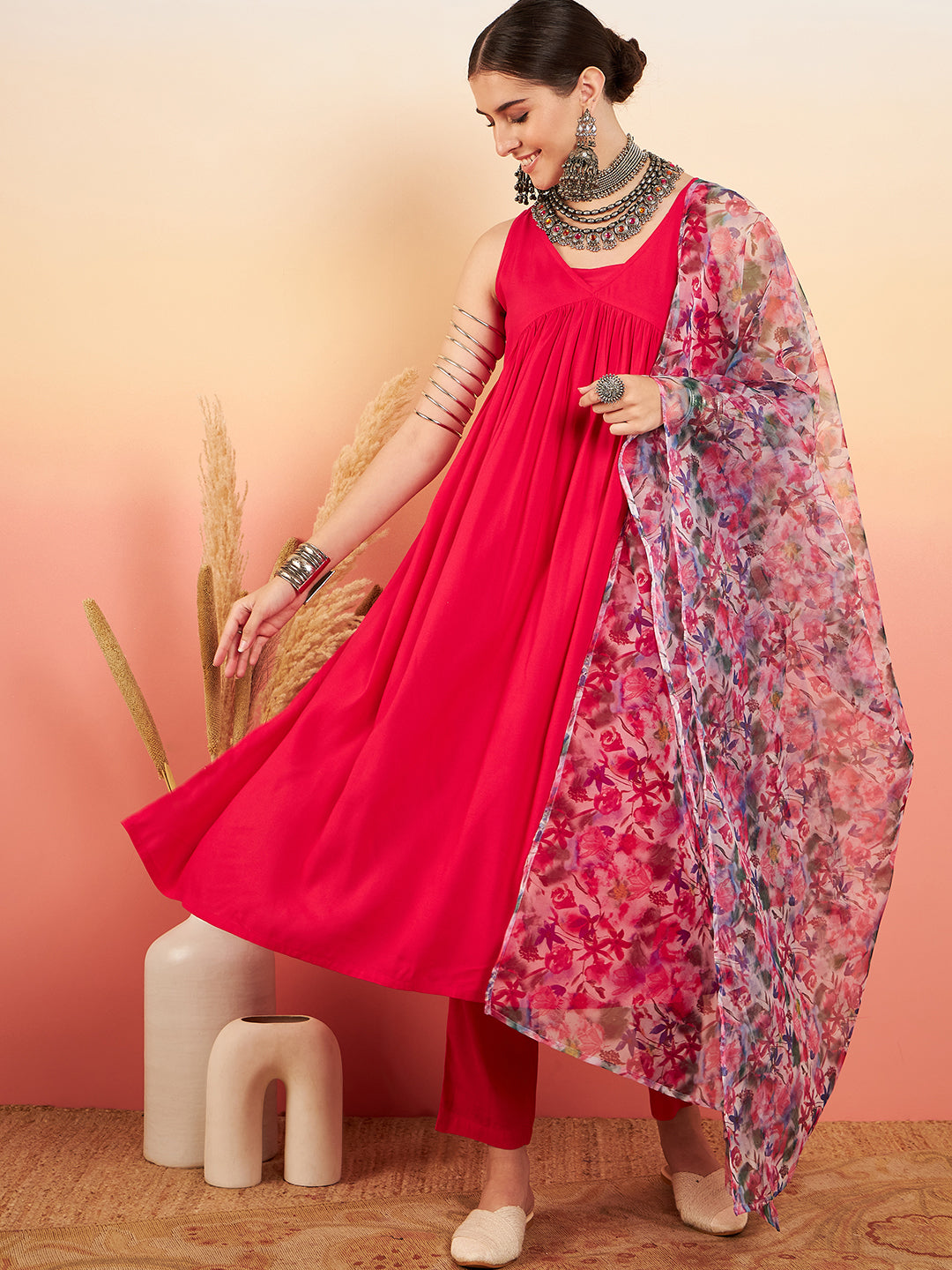 InWeave Women's Magenta Sleeveless Flared Kurta Set Blue Pink Or Dupatta