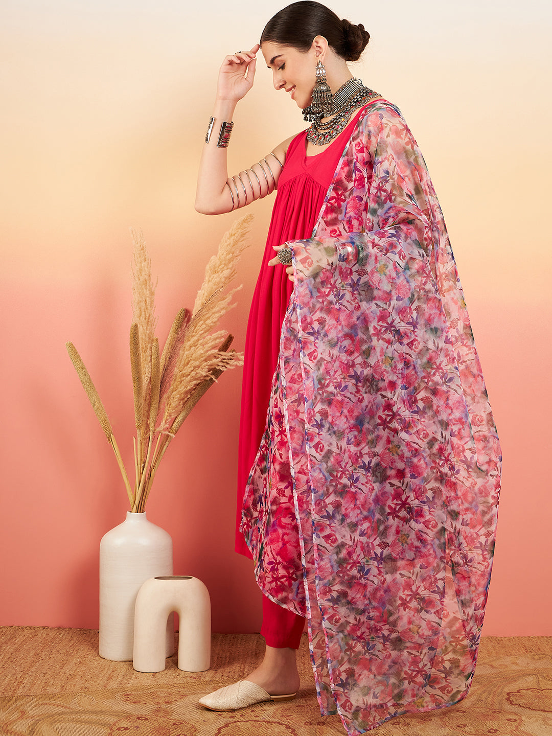 InWeave Women's Magenta Sleeveless Flared Kurta Set Blue Pink Or Dupatta