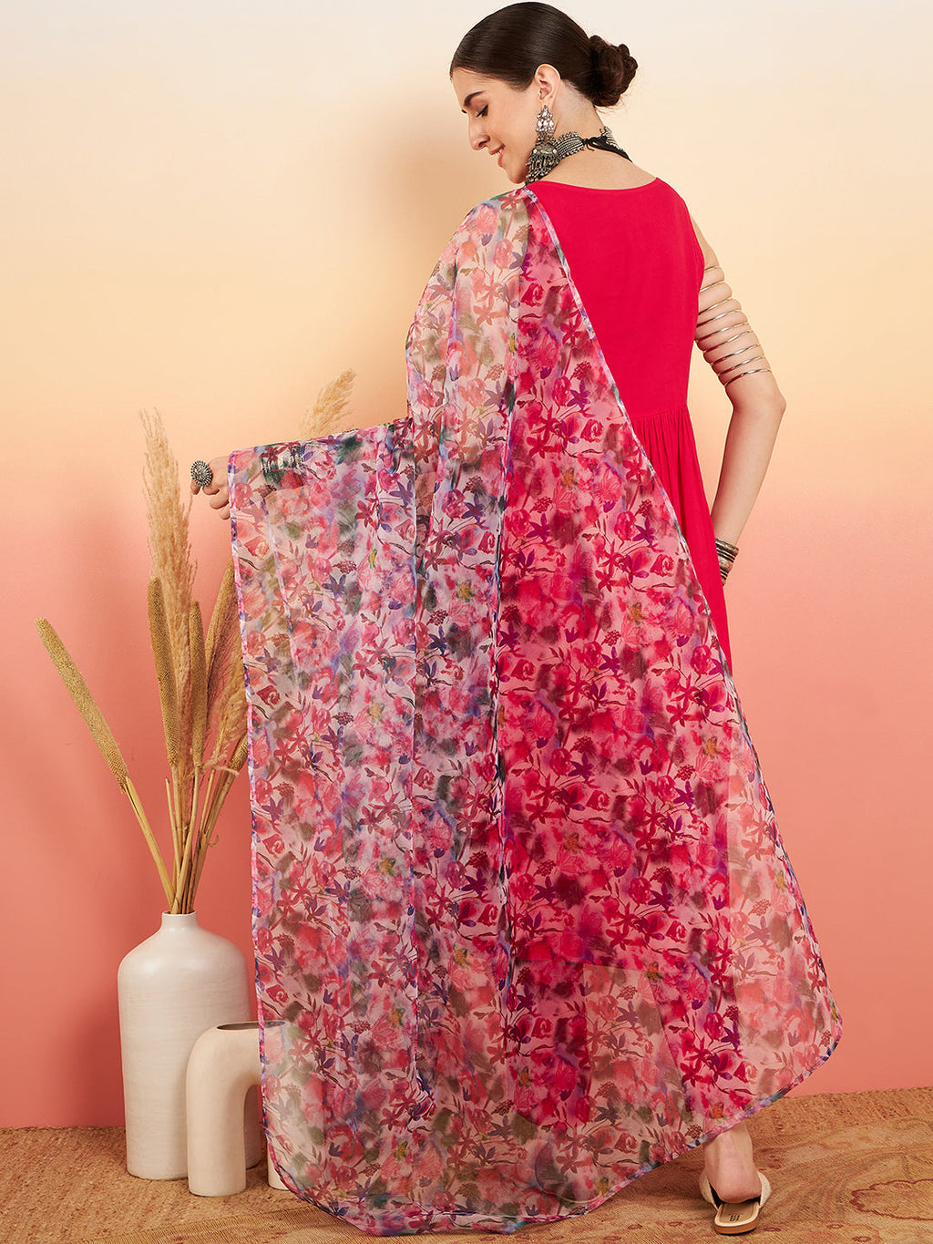 InWeave Women's Magenta Sleeveless Flared Kurta Set Blue Pink Or Dupatta