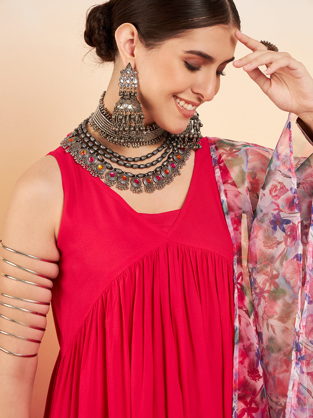 InWeave Women's Magenta Sleeveless Flared Kurta Set Blue Pink Or Dupatta