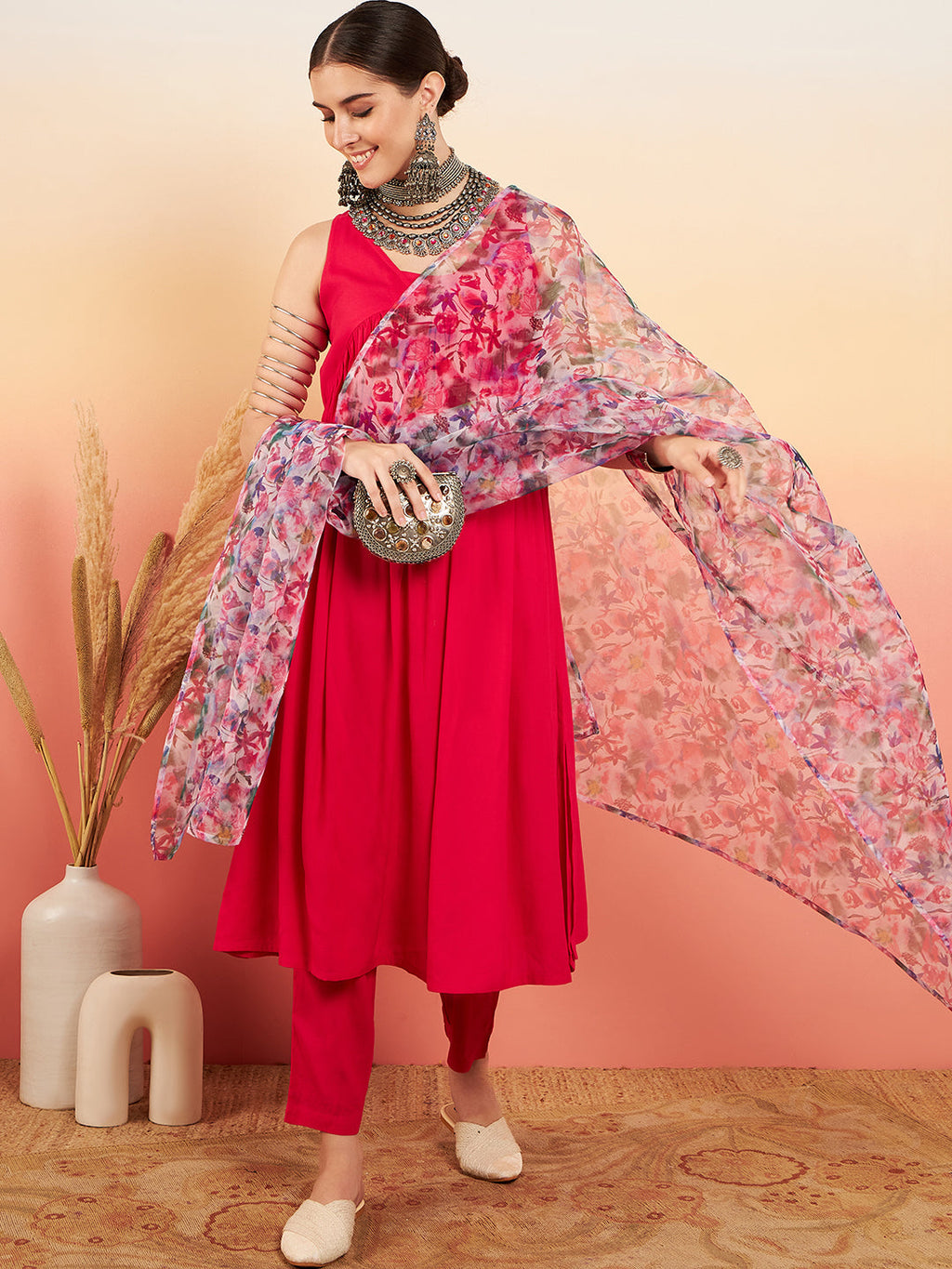 InWeave Women's Magenta Sleeveless Flared Kurta Set Blue Pink Or Dupatta