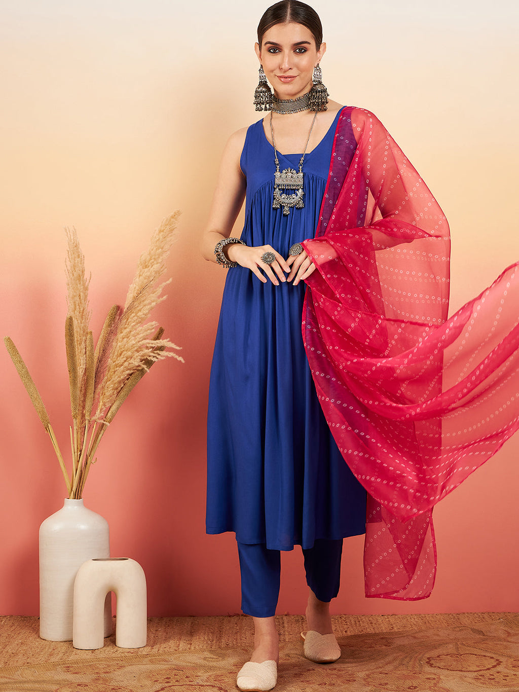 InWeave Women's Ink Blue Sleeveless Flared Kurta Set Fuschia Ba Or Dupatta
