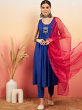 InWeave Women's Ink Blue Sleeveless Flared Kurta Set Fuschia Ba Or Dupatta