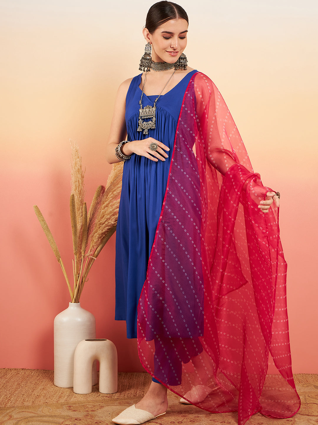 InWeave Women's Ink Blue Sleeveless Flared Kurta Set Fuschia Ba Or Dupatta
