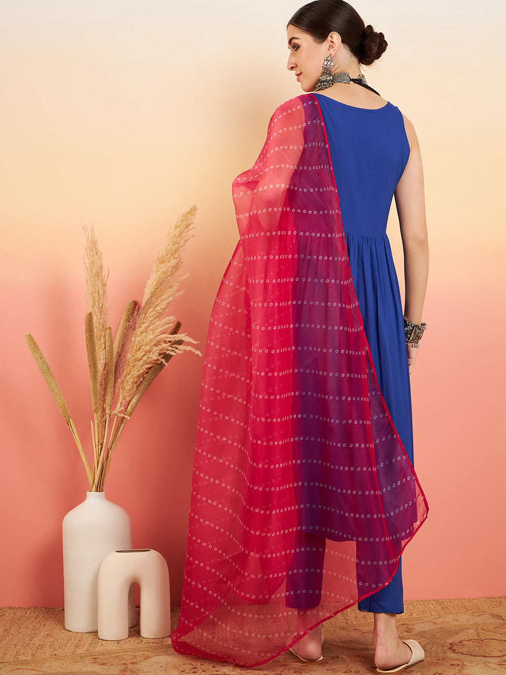 InWeave Women's Ink Blue Sleeveless Flared Kurta Set Fuschia Ba Or Dupatta