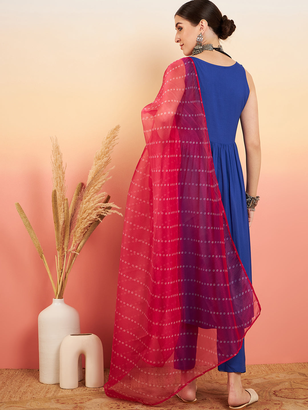InWeave Women's Ink Blue Sleeveless Flared Kurta Set Fuschia Ba Or Dupatta