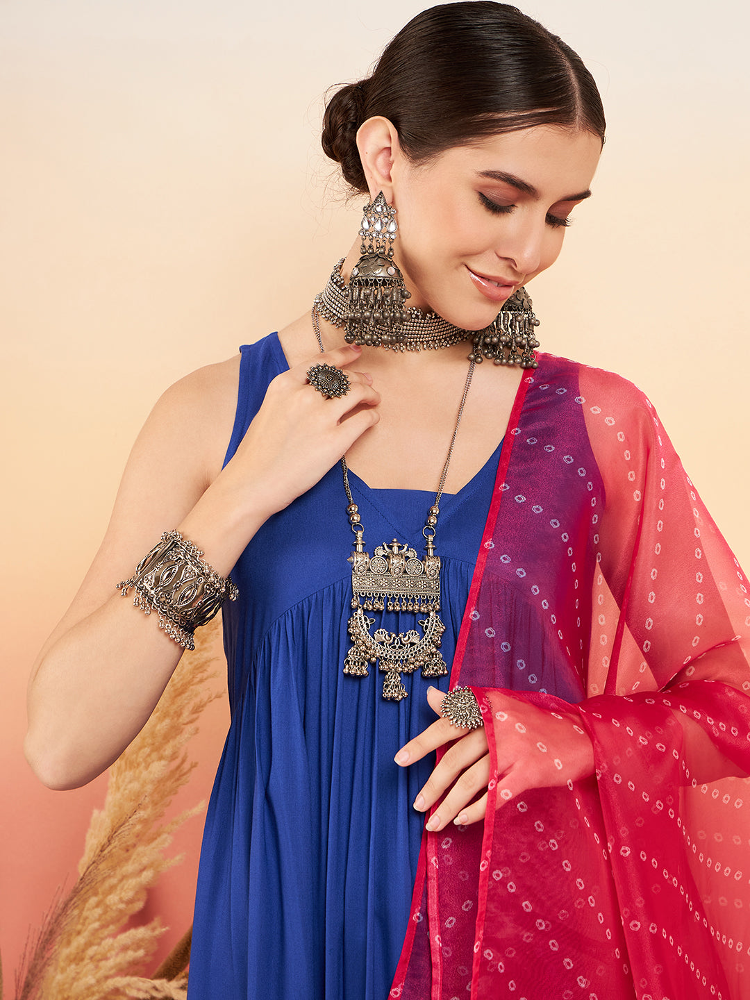 InWeave Women's Ink Blue Sleeveless Flared Kurta Set Fuschia Ba Or Dupatta