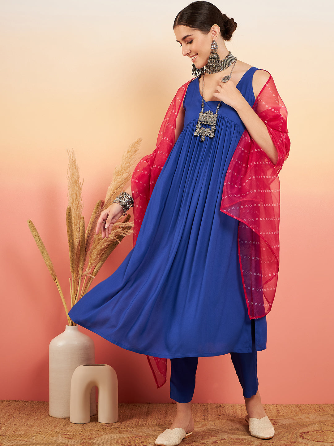 InWeave Women's Ink Blue Sleeveless Flared Kurta Set Fuschia Ba Or Dupatta