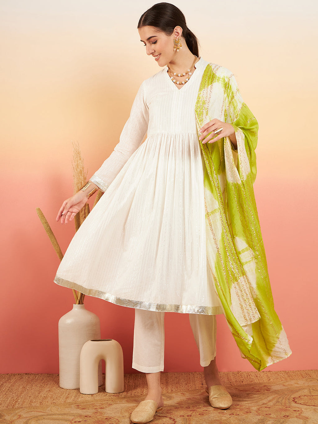 InWeave Women's White Lurex V Neck Gota Anarkali Kurta Set Lime White Lurex Dupatta