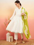 InWeave Women's White Lurex V Neck Gota Anarkali Kurta Set Lime White Lurex Dupatta
