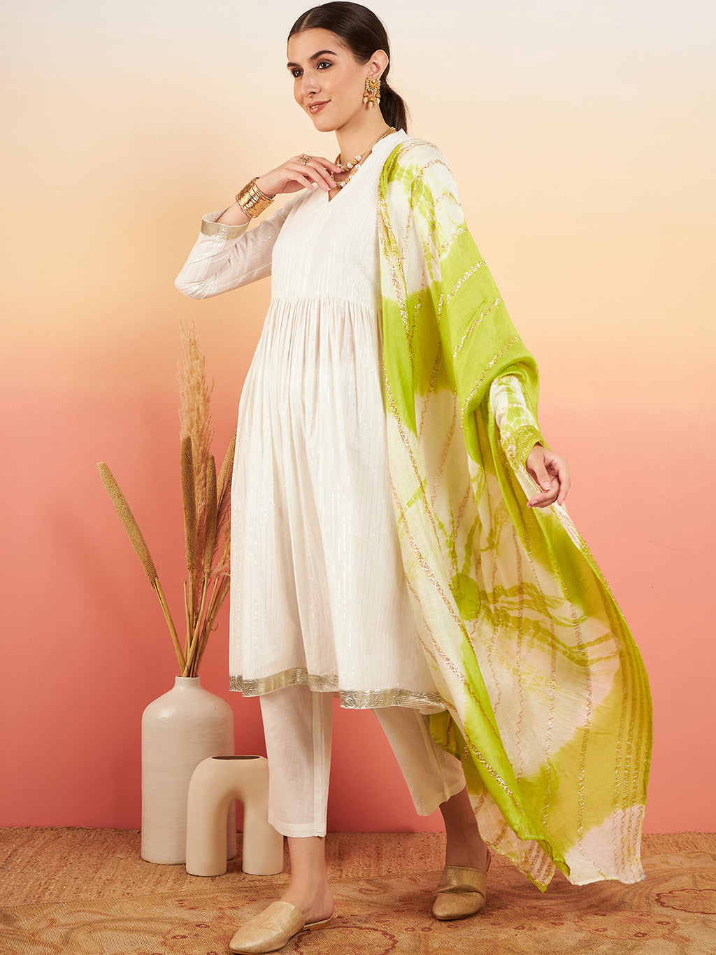 InWeave Women's White Lurex V Neck Gota Anarkali Kurta Set Lime White Lurex Dupatta