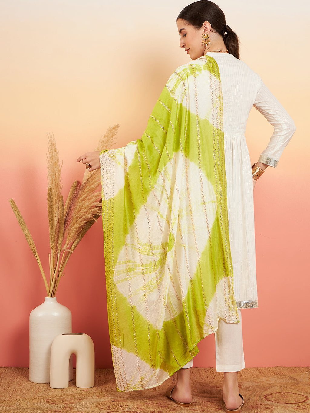 InWeave Women's White Lurex V Neck Gota Anarkali Kurta Set Lime White Lurex Dupatta