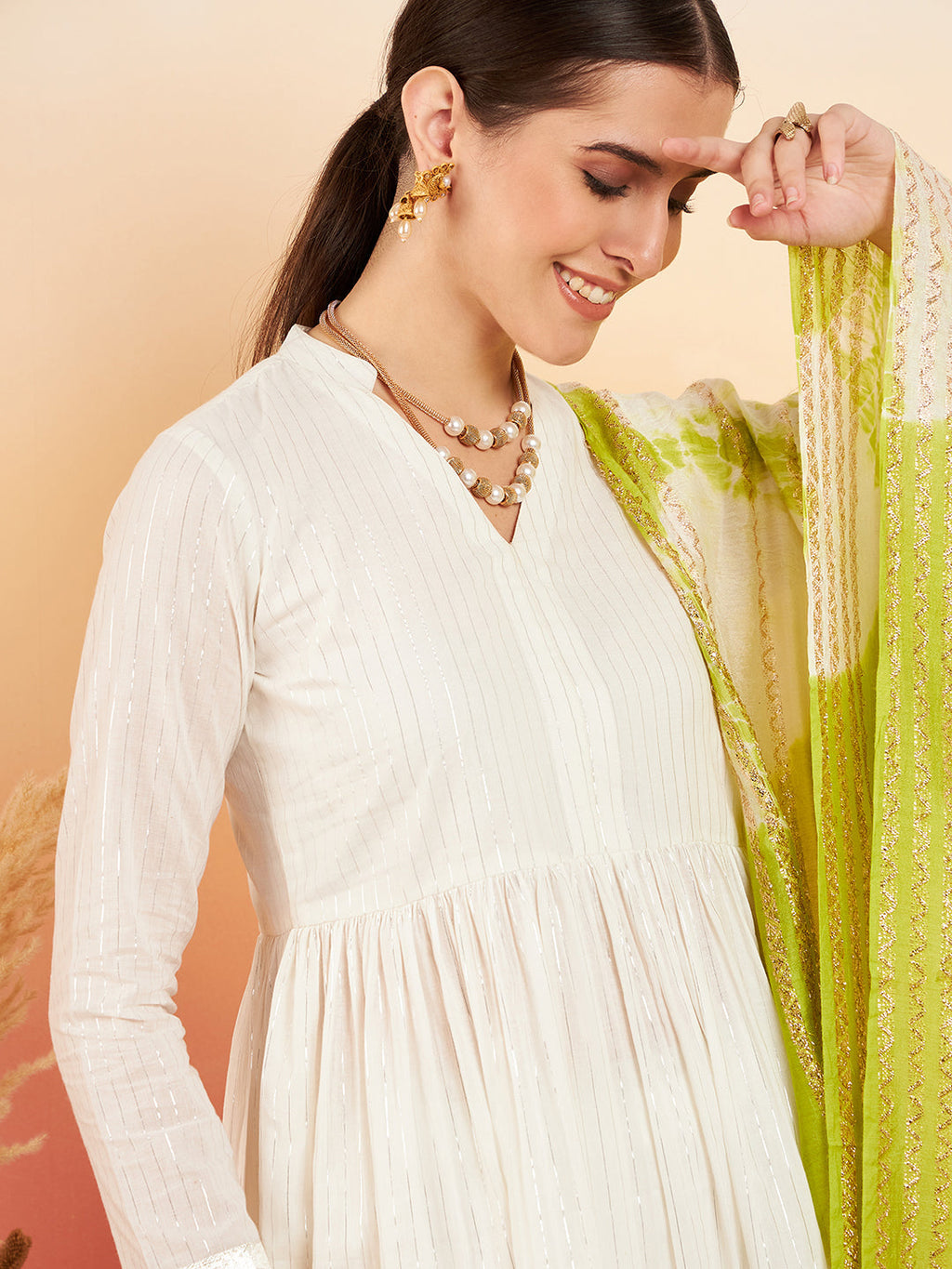 InWeave Women's White Lurex V Neck Gota Anarkali Kurta Set Lime White Lurex Dupatta