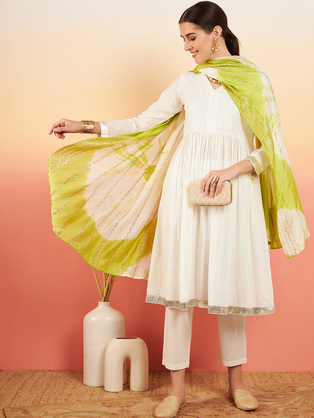 InWeave Women's White Lurex V Neck Gota Anarkali Kurta Set Lime White Lurex Dupatta