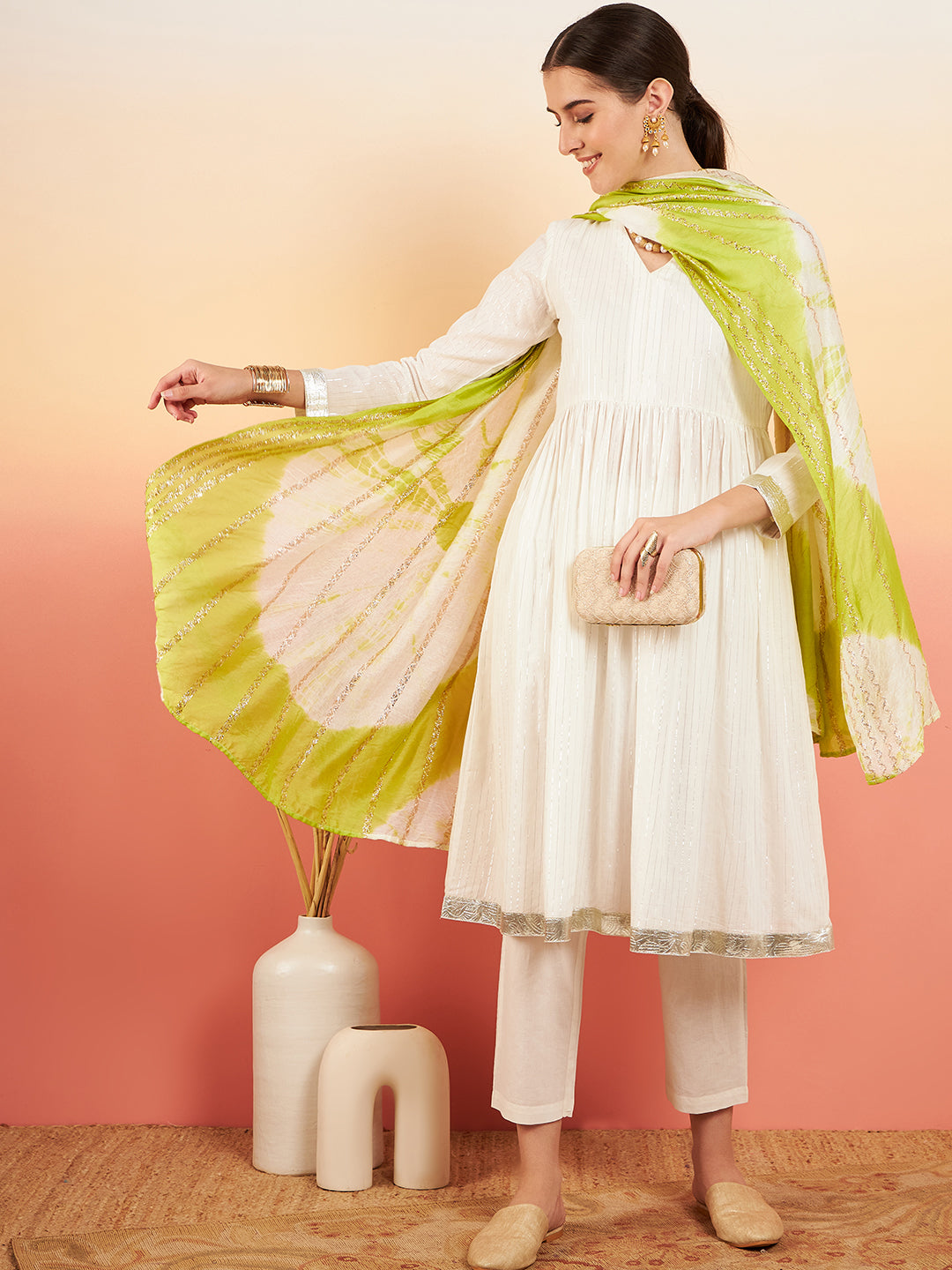 InWeave Women's White Lurex V Neck Gota Anarkali Kurta Set Lime White Lurex Dupatta