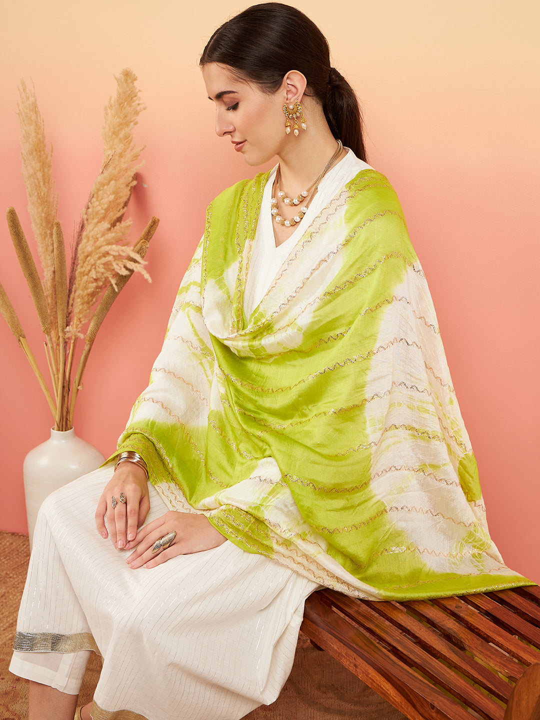 InWeave Women's White Lurex V Neck Gota Anarkali Kurta Set Lime White Lurex Dupatta