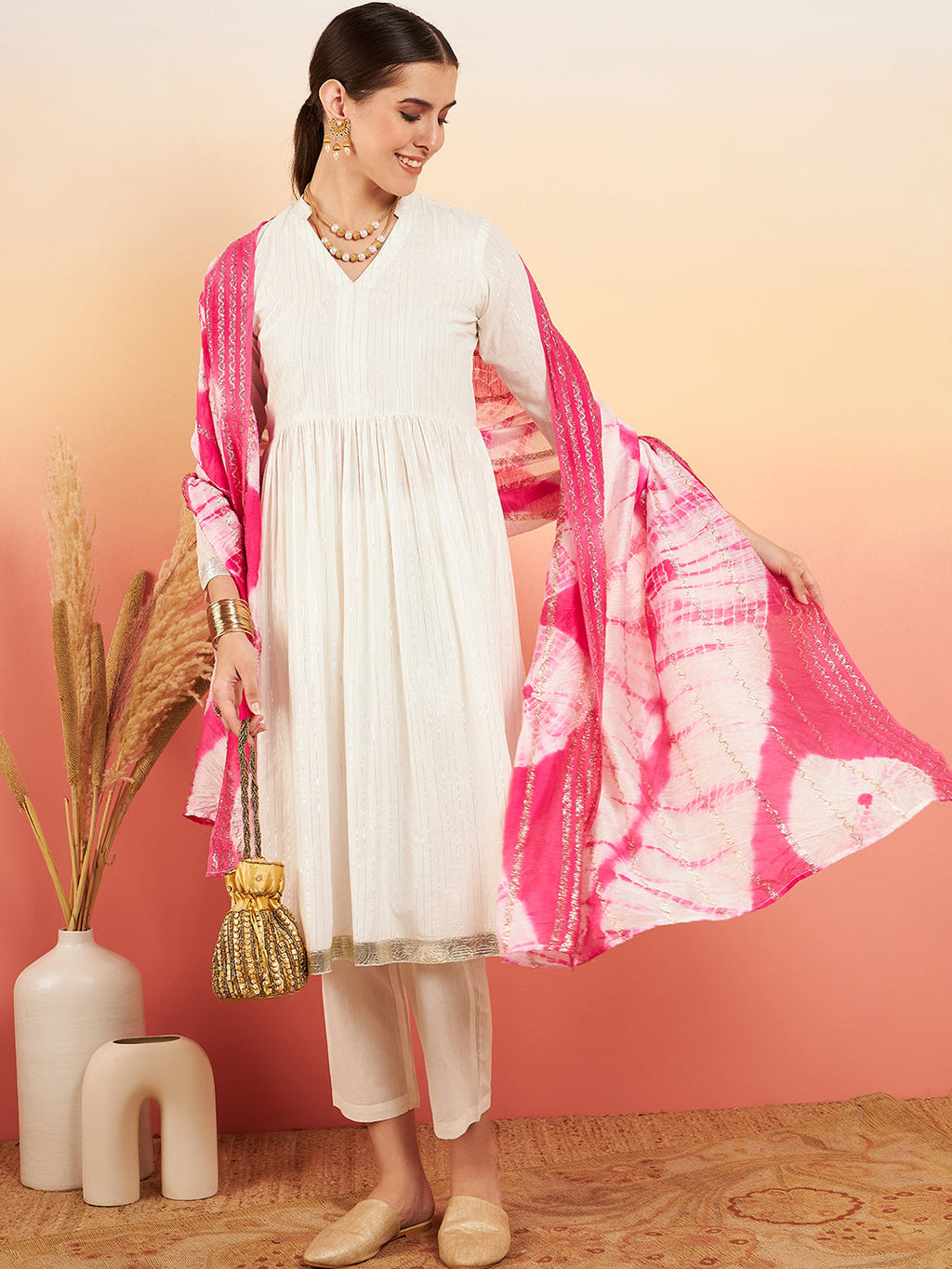 InWeave Women's White Lurex V Neck Gota Anarkali Kurta Set Magenta Lurex Dupatta