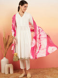 InWeave Women's White Lurex V Neck Gota Anarkali Kurta Set Magenta Lurex Dupatta