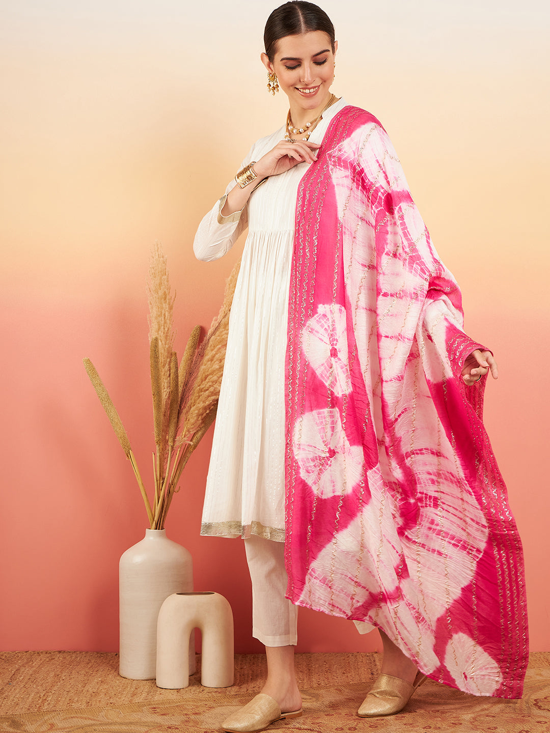 InWeave Women's White Lurex V Neck Gota Anarkali Kurta Set Magenta Lurex Dupatta