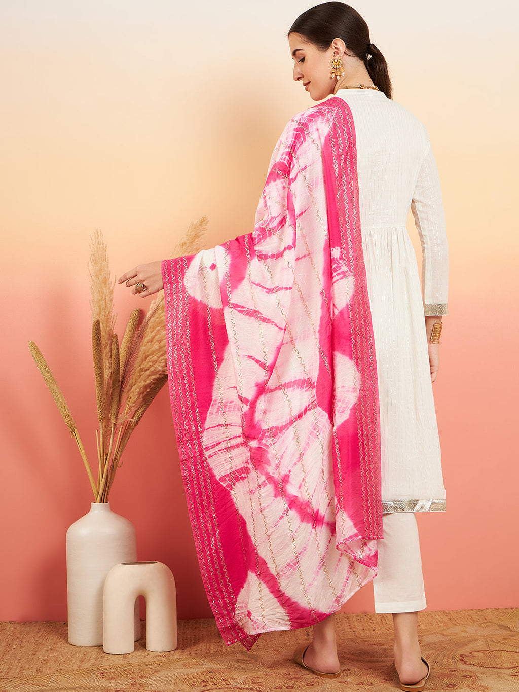 InWeave Women's White Lurex V Neck Gota Anarkali Kurta Set Magenta Lurex Dupatta