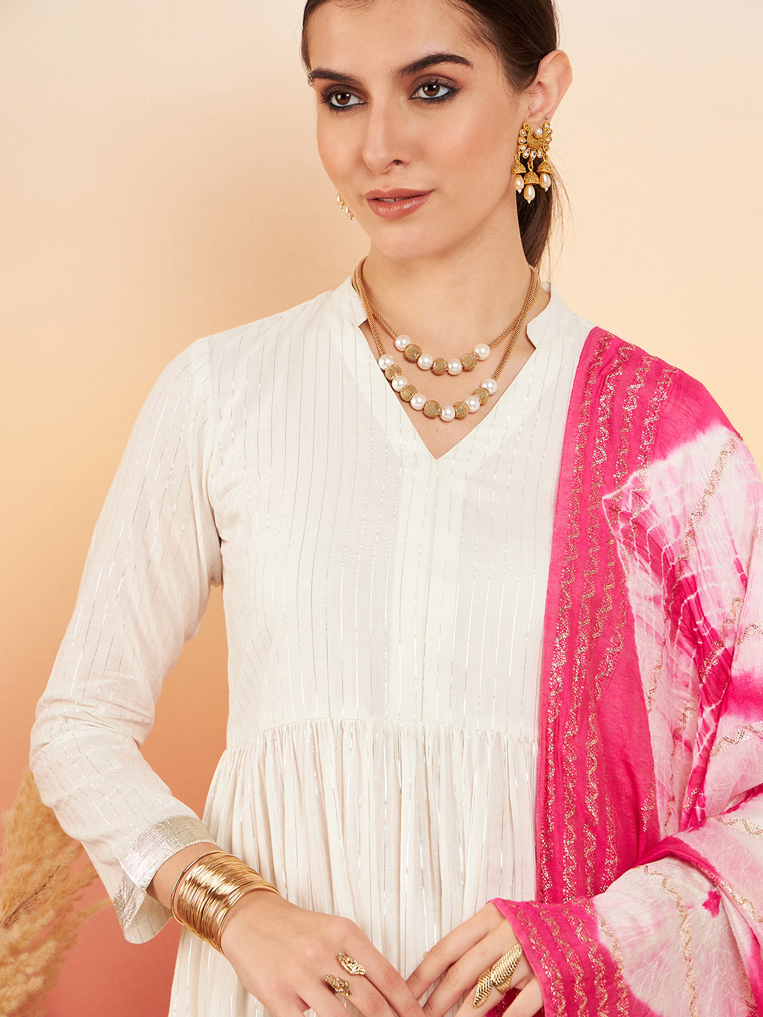 InWeave Women's White Lurex V Neck Gota Anarkali Kurta Set Magenta Lurex Dupatta