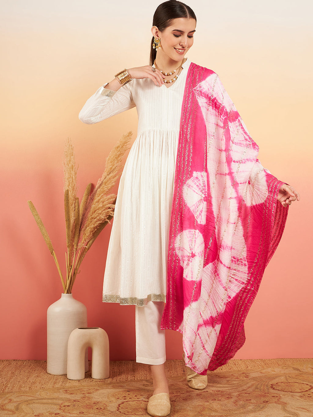 InWeave Women's White Lurex V Neck Gota Anarkali Kurta Set Magenta Lurex Dupatta