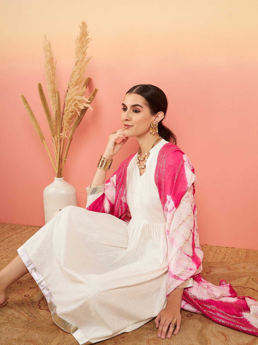 InWeave Women's White Lurex V Neck Gota Anarkali Kurta Set Magenta Lurex Dupatta