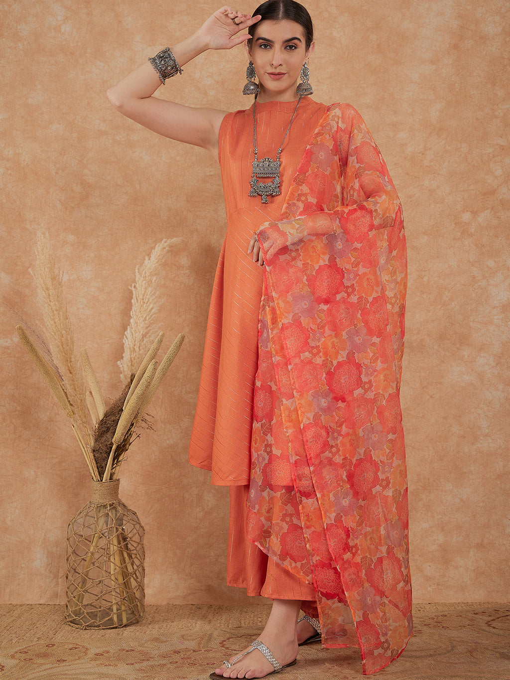InWeave Women's Light Rust Lurex Kurta Set W Orange Big Or Dupatta