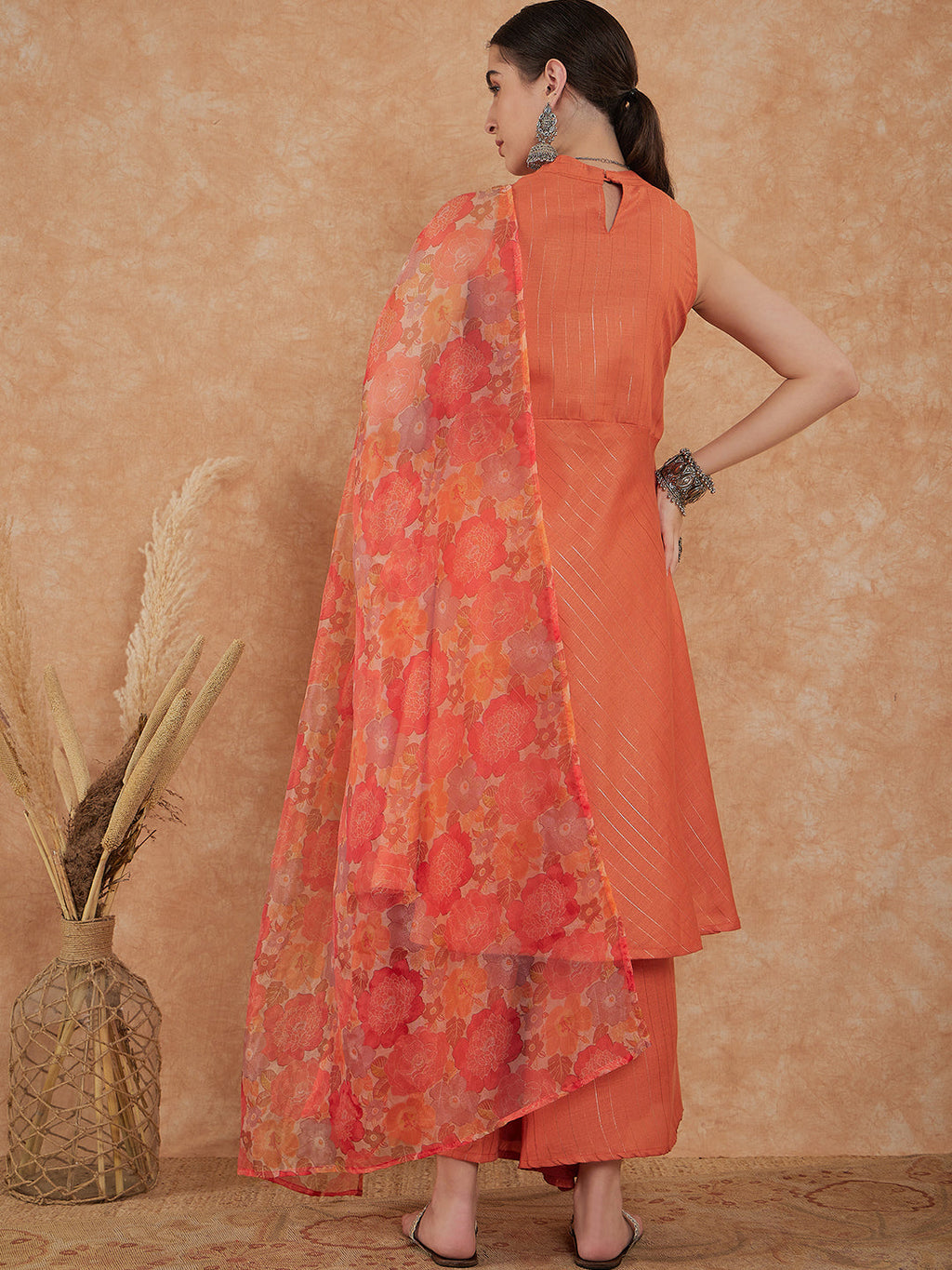 InWeave Women's Light Rust Lurex Kurta Set W Orange Big Or Dupatta