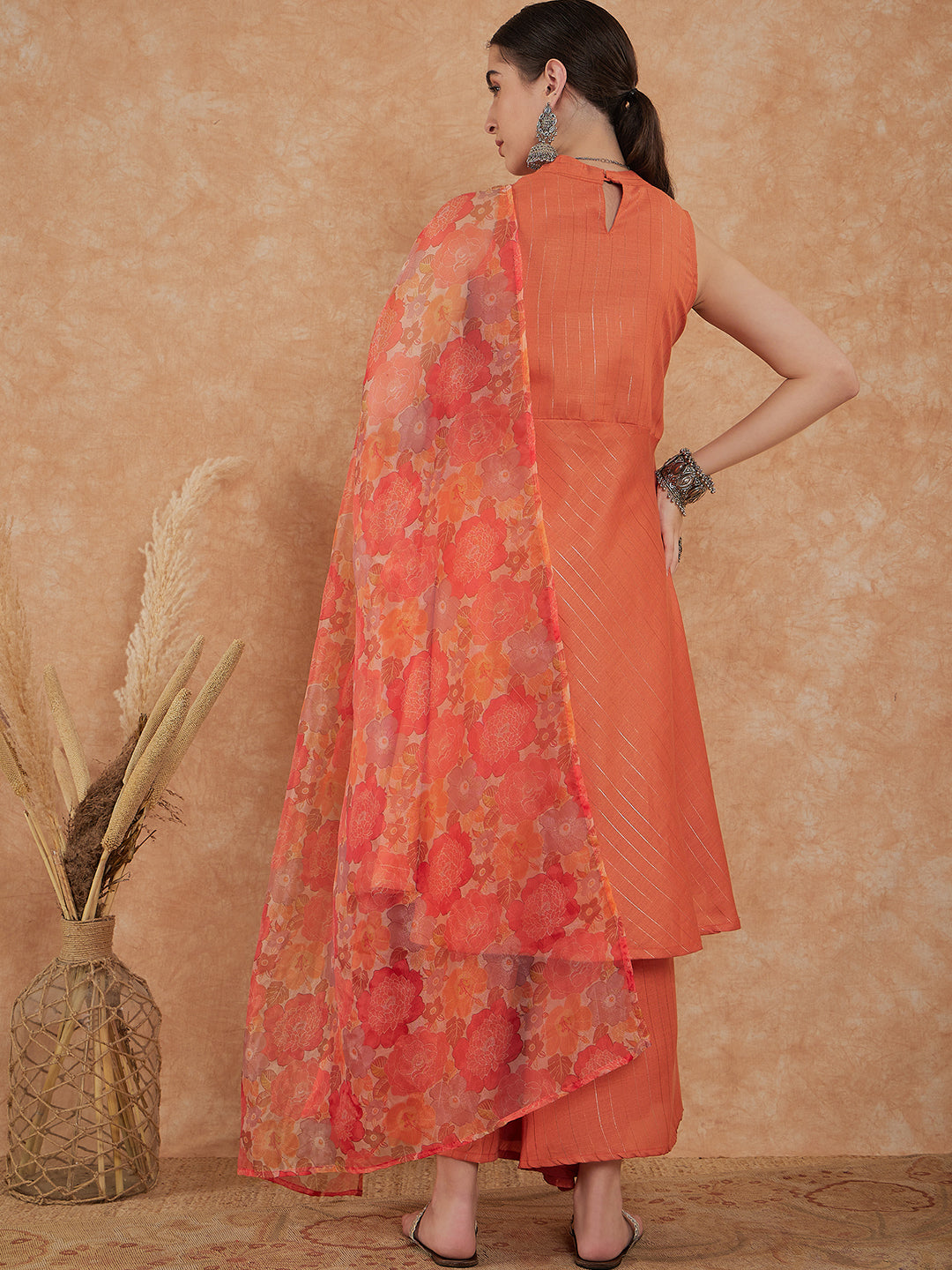 InWeave Women's Light Rust Lurex Kurta Set W Orange Big Or Dupatta