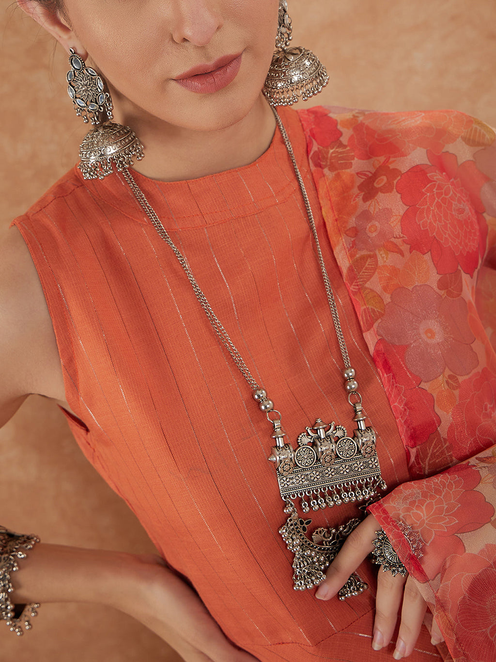 InWeave Women's Light Rust Lurex Kurta Set W Orange Big Or Dupatta