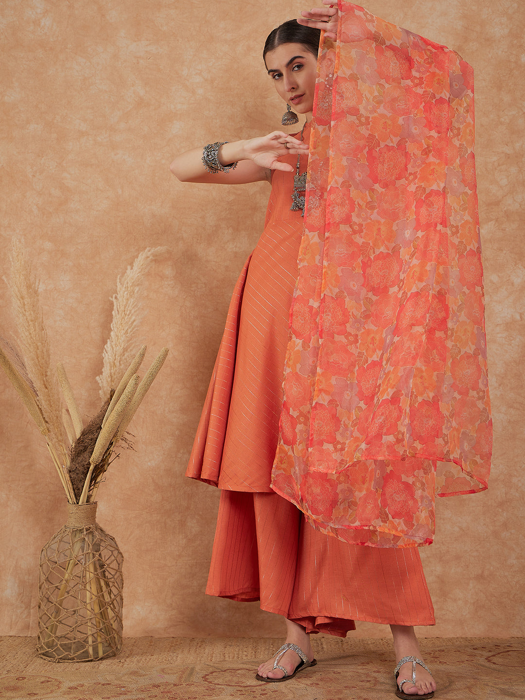 InWeave Women's Light Rust Lurex Kurta Set W Orange Big Or Dupatta