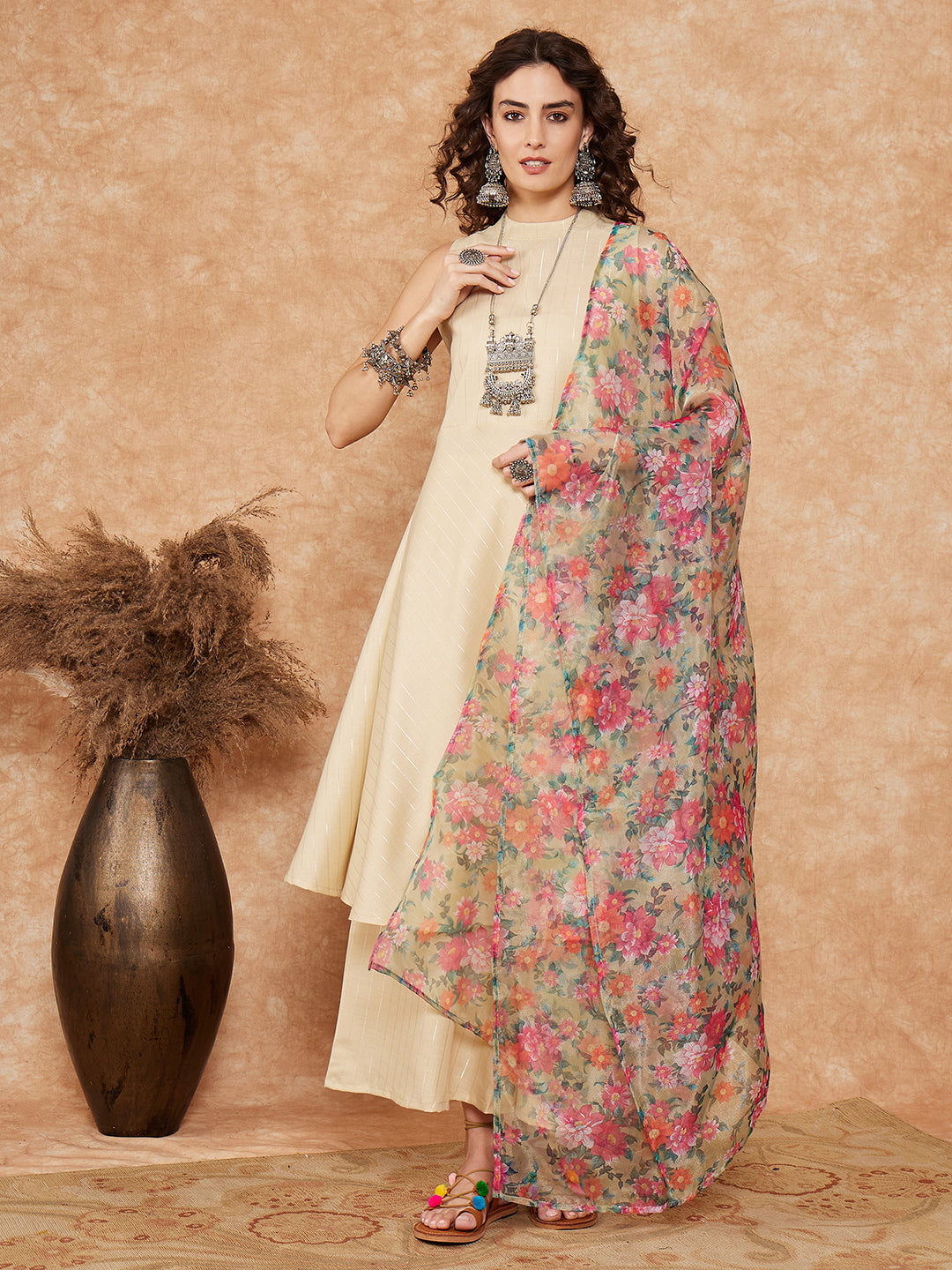 InWeave Women's Cream Lurex Kurta Set Pear Green Pink Or Dupatta
