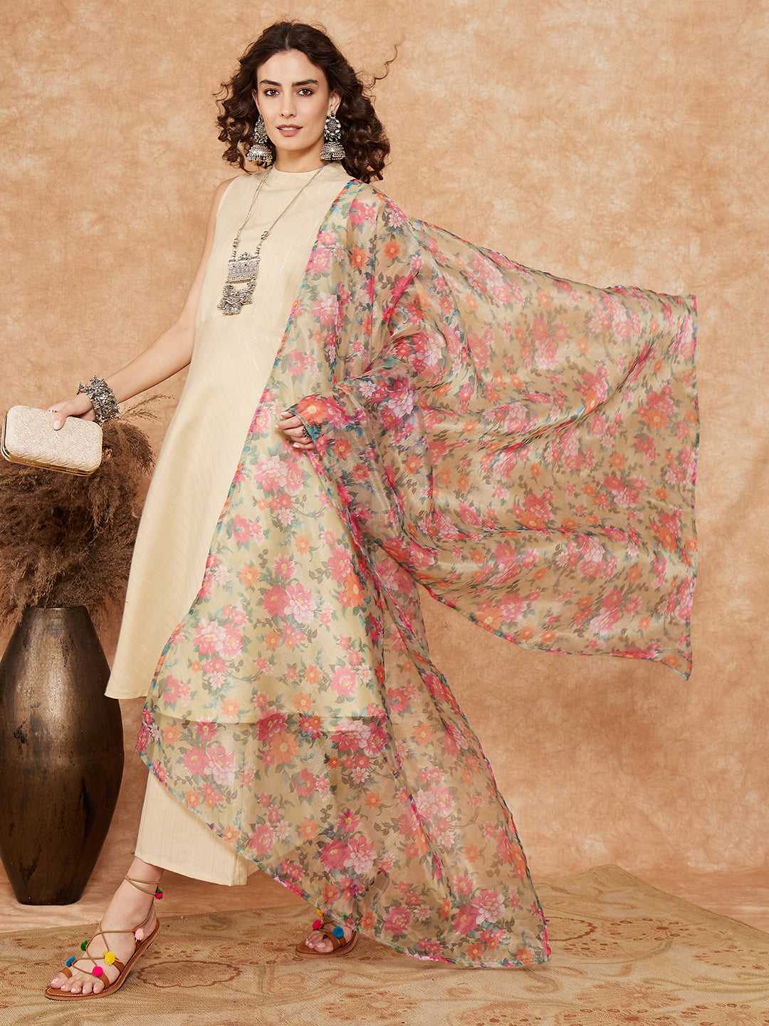 InWeave Women's Cream Lurex Kurta Set Pear Green Pink Or Dupatta