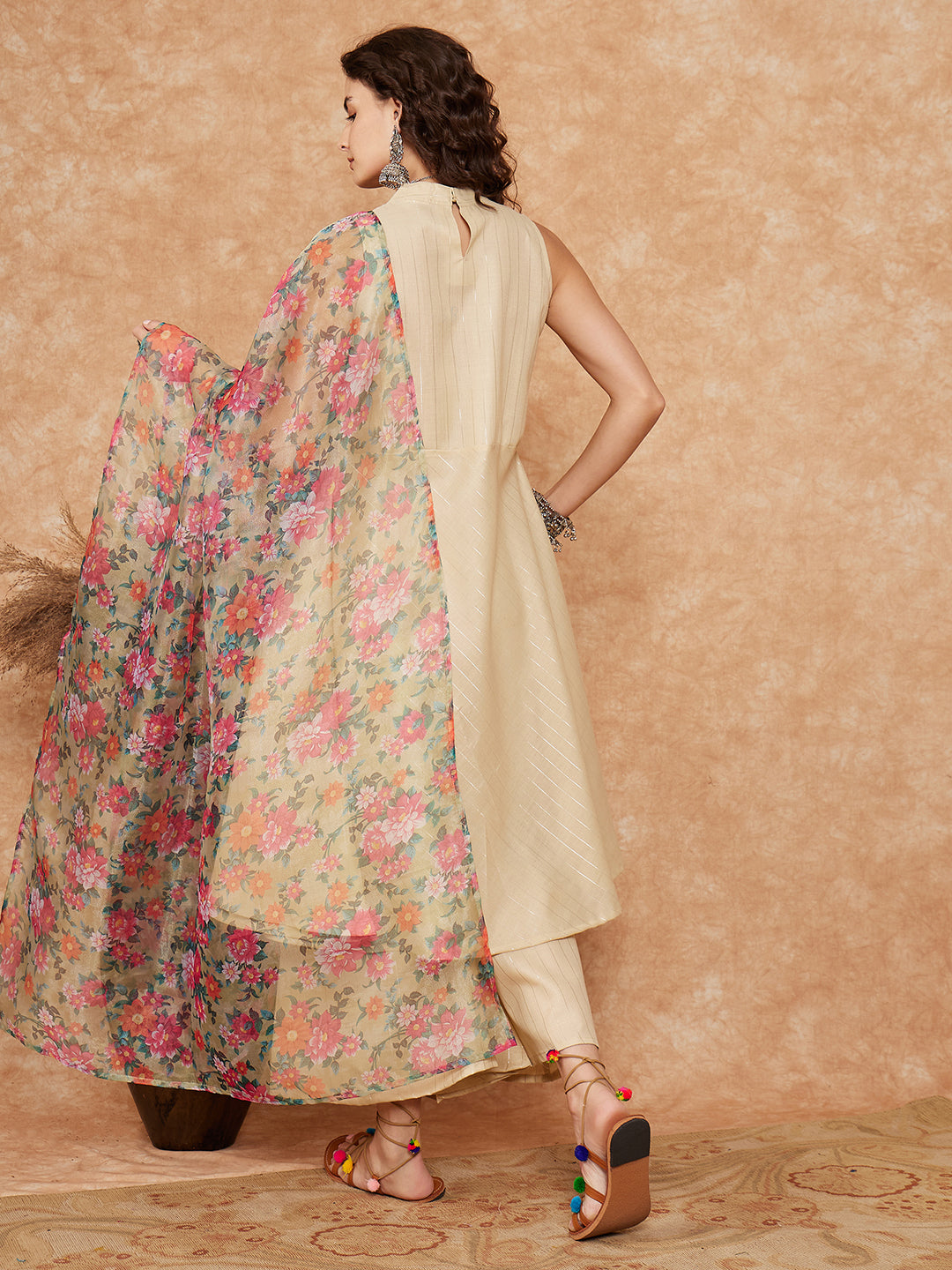 InWeave Women's Cream Lurex Kurta Set Pear Green Pink Or Dupatta