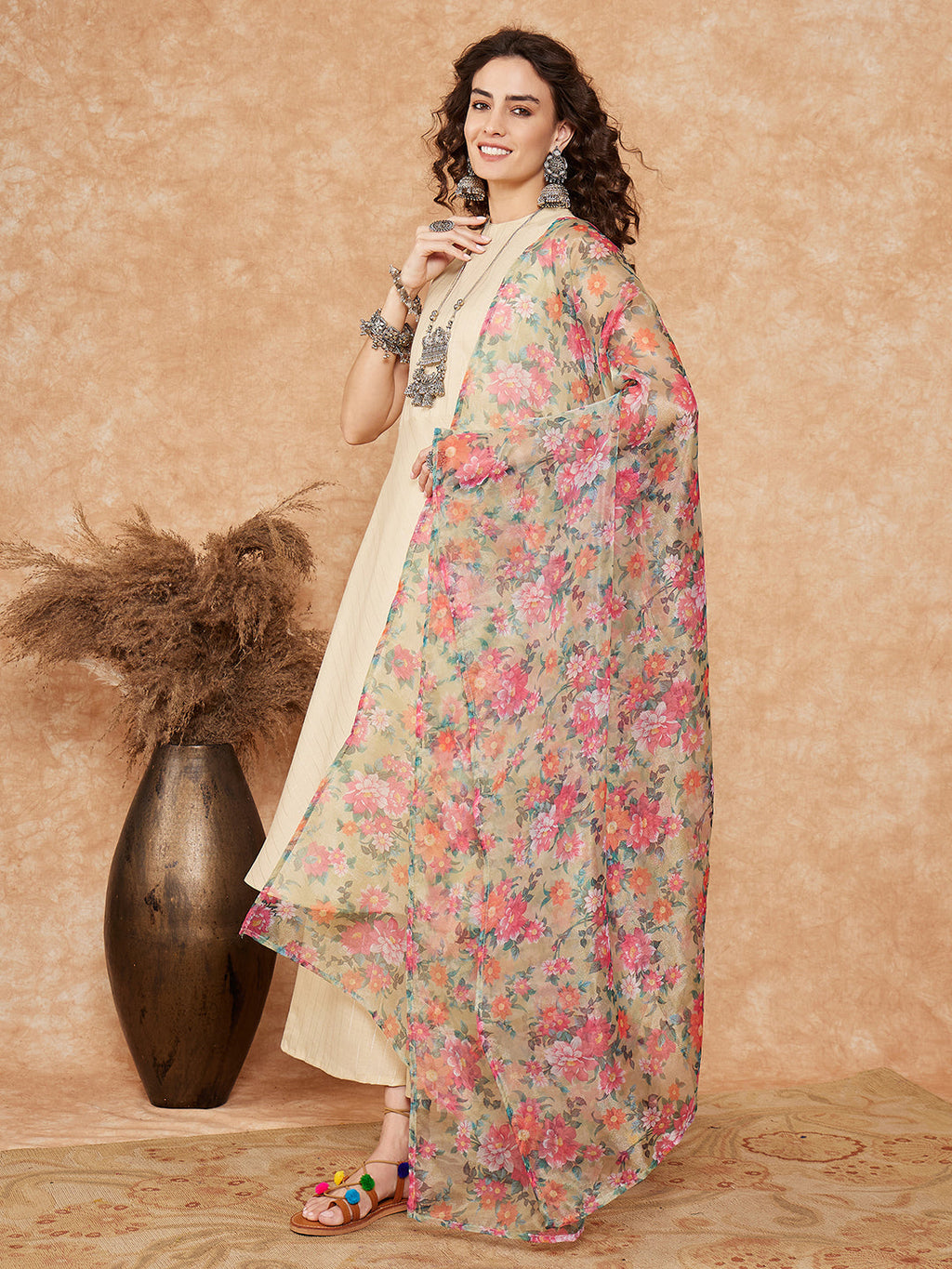 InWeave Women's Cream Lurex Kurta Set Pear Green Pink Or Dupatta