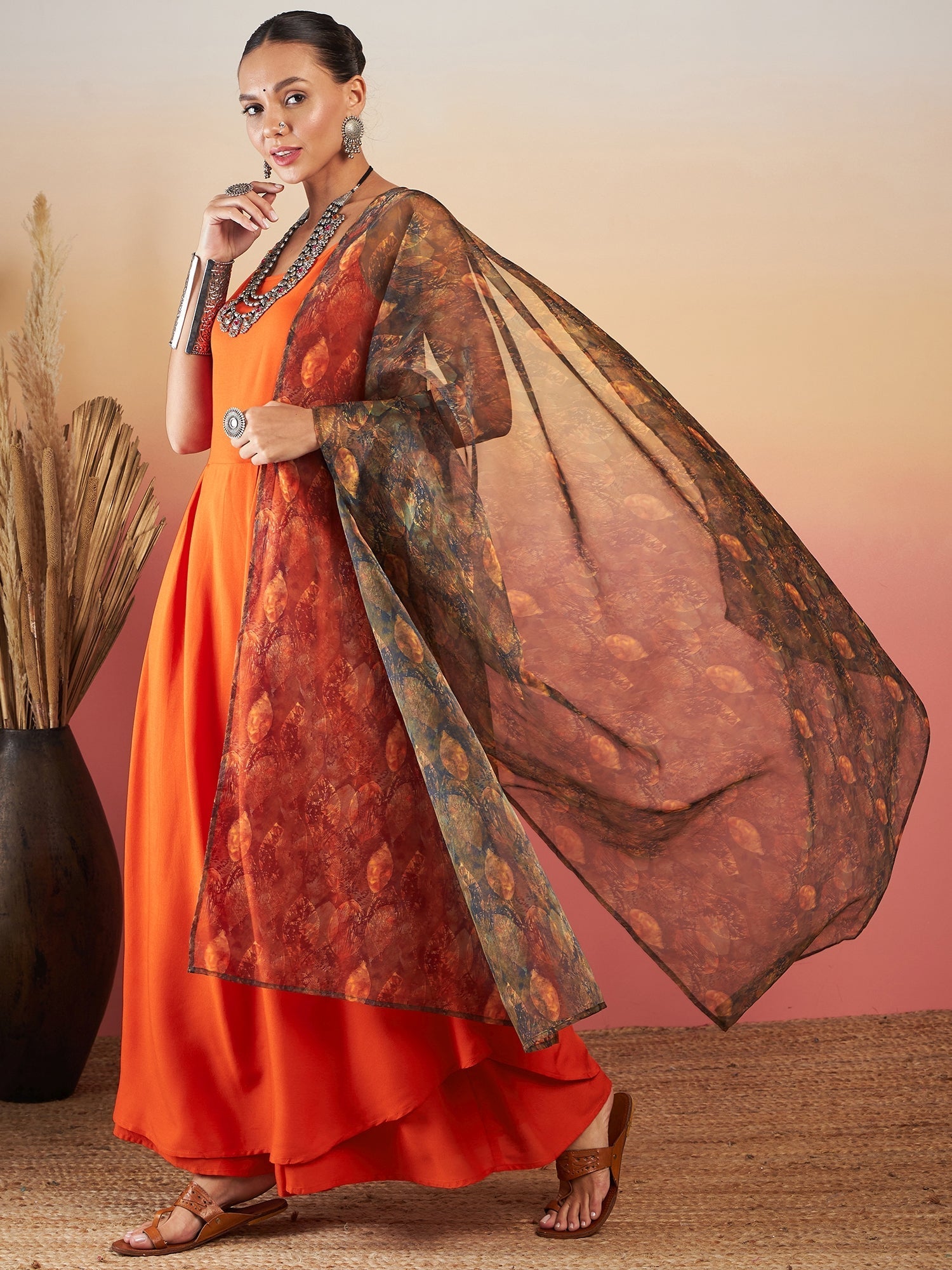 InWeave Orange Strappy W Dark Brown Leaf Print Or Dupatta Set