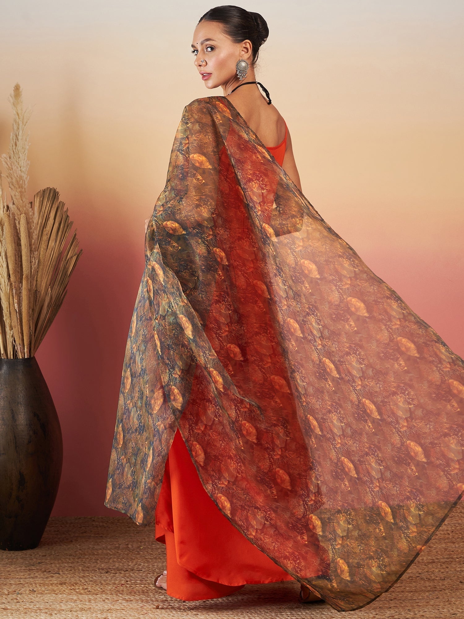 InWeave Orange Strappy W Dark Brown Leaf Print Or Dupatta Set